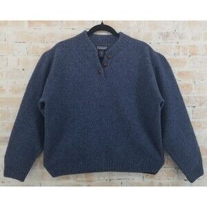 Vtg Lands' End 100% Wool Henley Sweater Women's Medium (10-12) Scotland Blue
